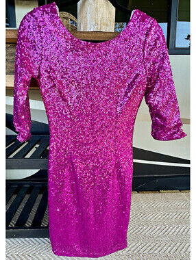 Lulus Pink Sequin Bodycon Dress S 3/4 Sleeve Scoop Neck Short Lined Zip